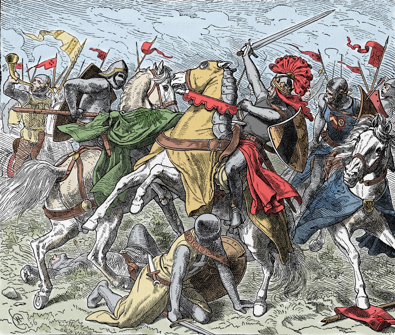 Battle on the Elster: Rudolf of Swabia Mortally Wounded - Revolt of the Saxons (1073-1075): Rodolph of Rheinfelden (ca. 1025-1080), Duke of Swabia og antiking av romerne blir dødelig såret i et slag nær Elster, mot troppene til Henrik IV av av Unknown artist