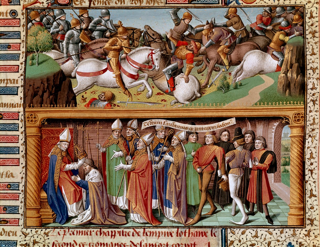 Slagscene og kroning av keiser Lothary II av Supplinburg (1075-1137) Miniatyr i "" The Historical Mirror"" (Speculum Historiale) (ms. 1196 fol. 245 r.) av Vincent de Beauvais (11. av Unknown artist