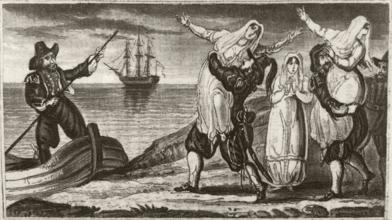 "Beakes den nederlandske piraten og hans mannskap som tvangsbærer nonner fra et spansk kloster" av Unknown artist