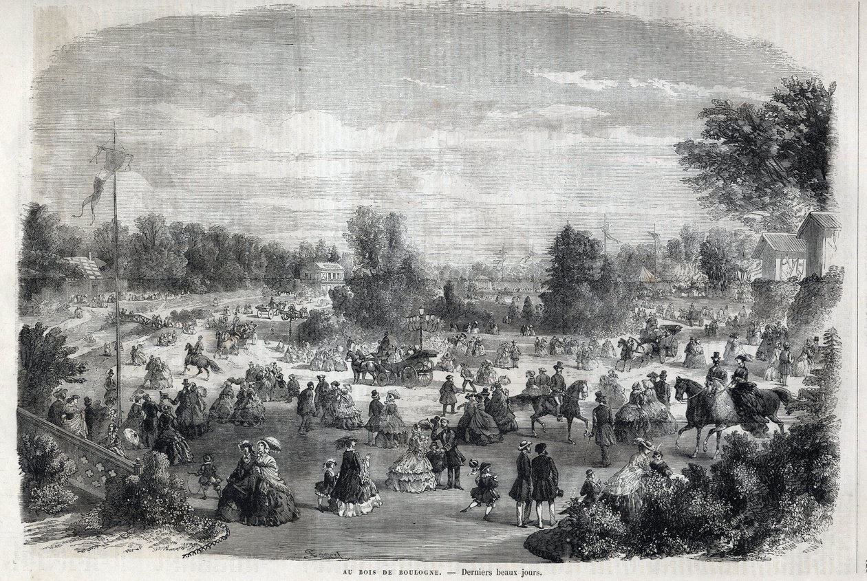 Vakre dager på Bois de Boulogne i Paris. Gravering i "The Illustrious Universe" av Unknown artist