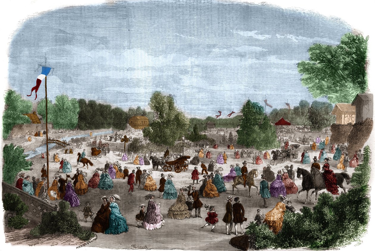 Vakre dager på Bois de Boulogne i Paris. Gravering i "The Illustrious Universe" av Unknown artist