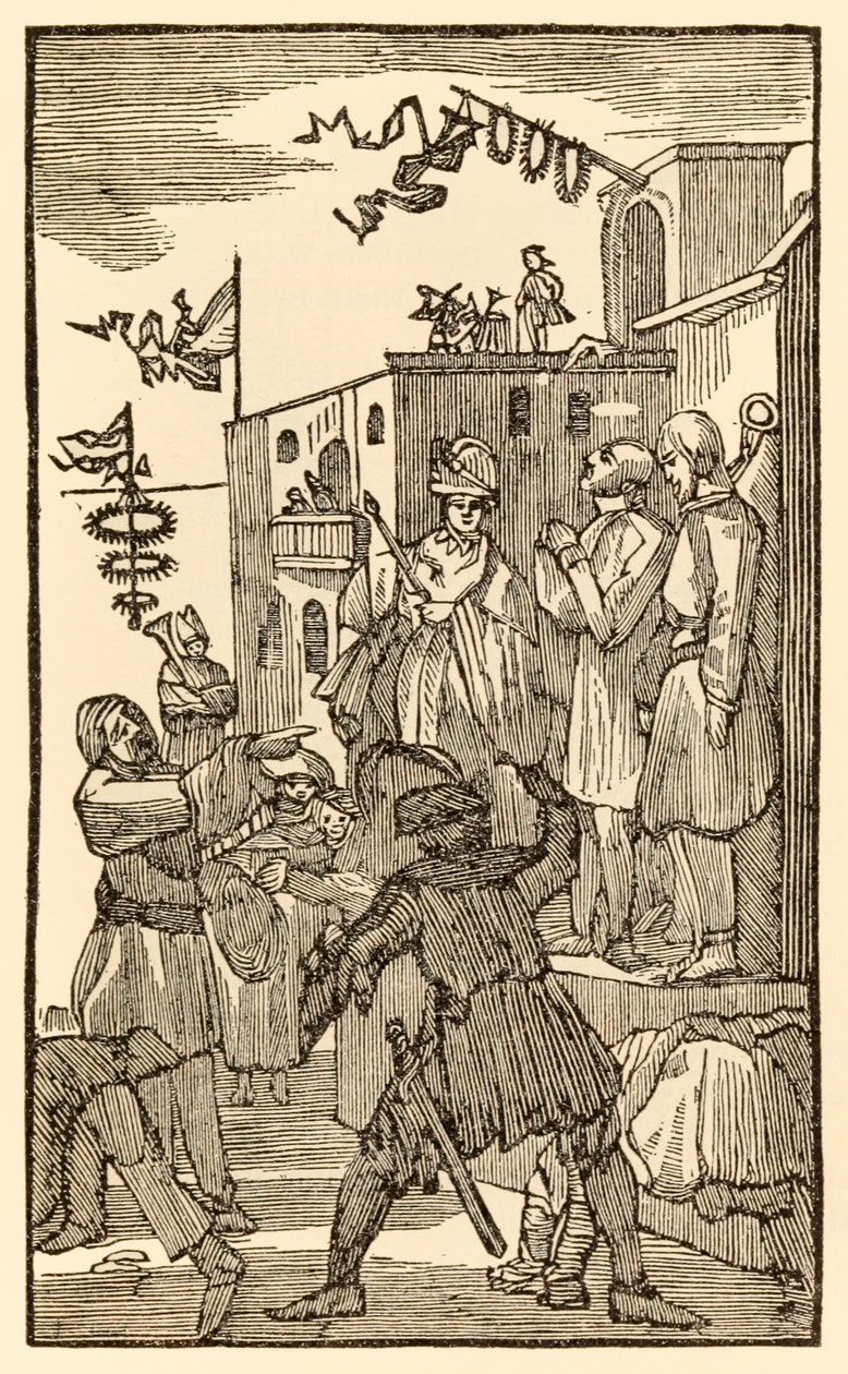 Se Vanity Fair! fra The Pilgrims Progress From This World, To That Who Is To Come av John Bunyan (1628-1688) Christian går inn i byen Vanity Fair og ser andre pilegrimer i lenker. av Unknown