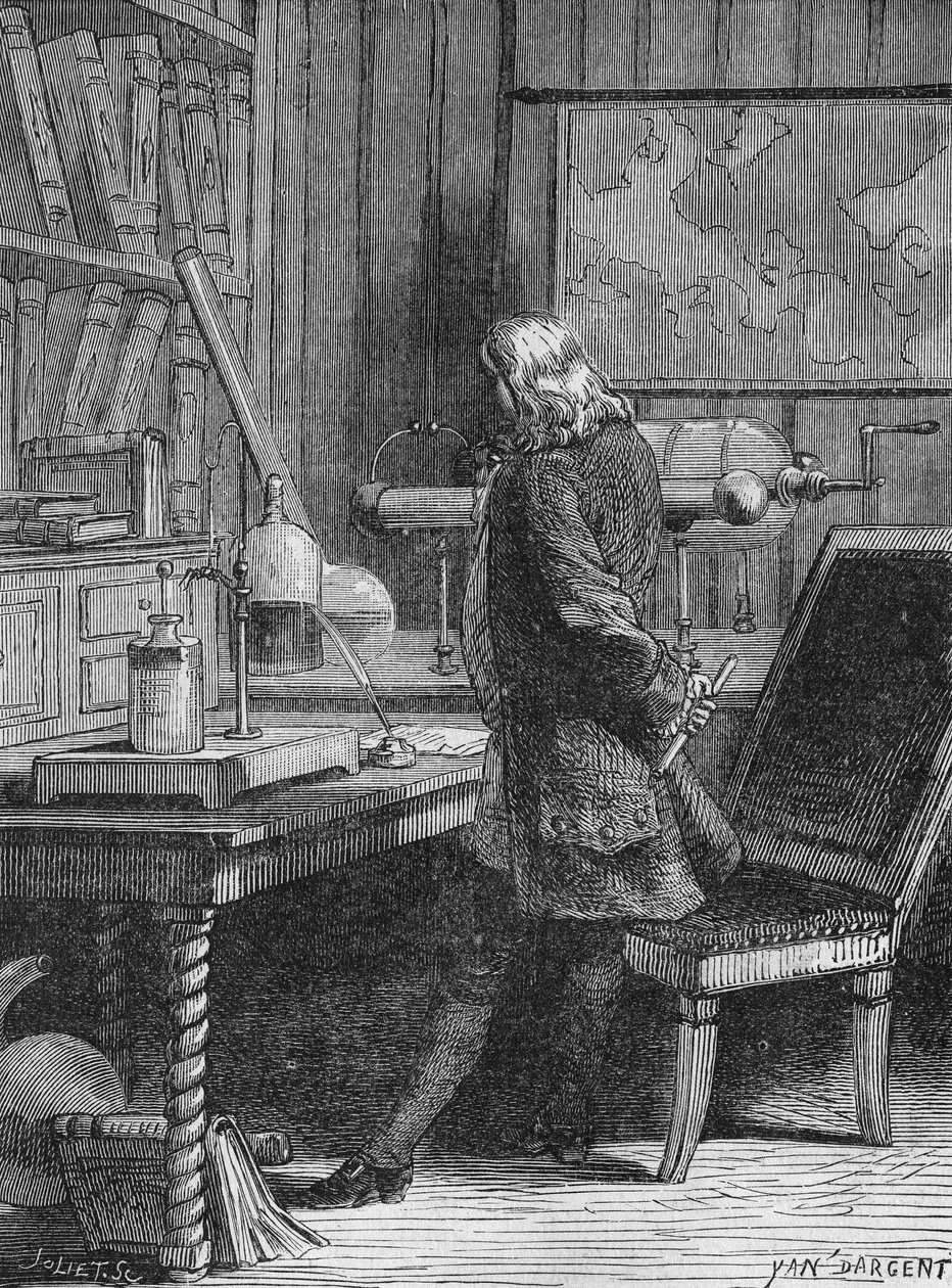 Benjamin Franklin i fysikklaboratoriet sitt i Philadelphia. I "Album of Science"", Editions Jouvet av Unknown artist