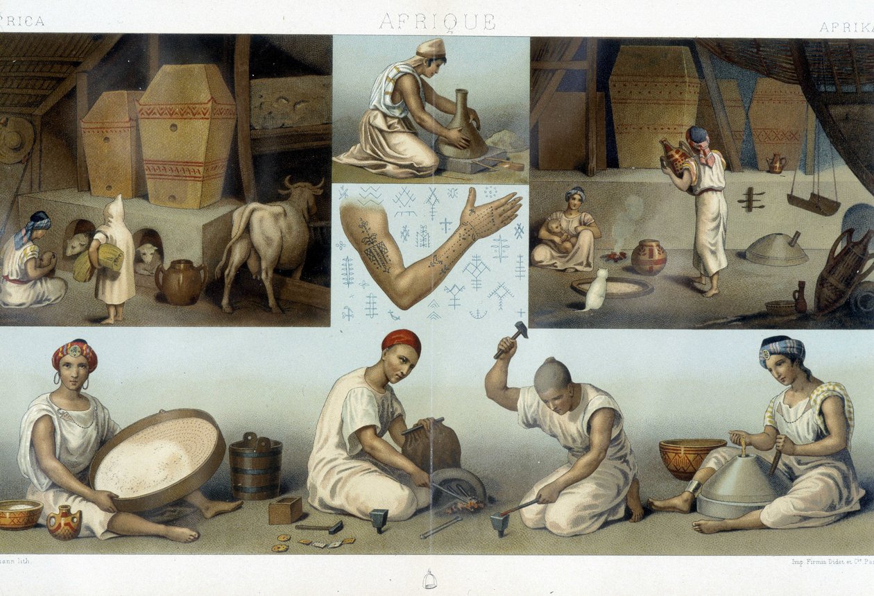 Berbers Kabyles: interiør i et hjem Kabyle - industri - tatoveringer - i "" Le costume historique"" av Racinet av Unknown artist