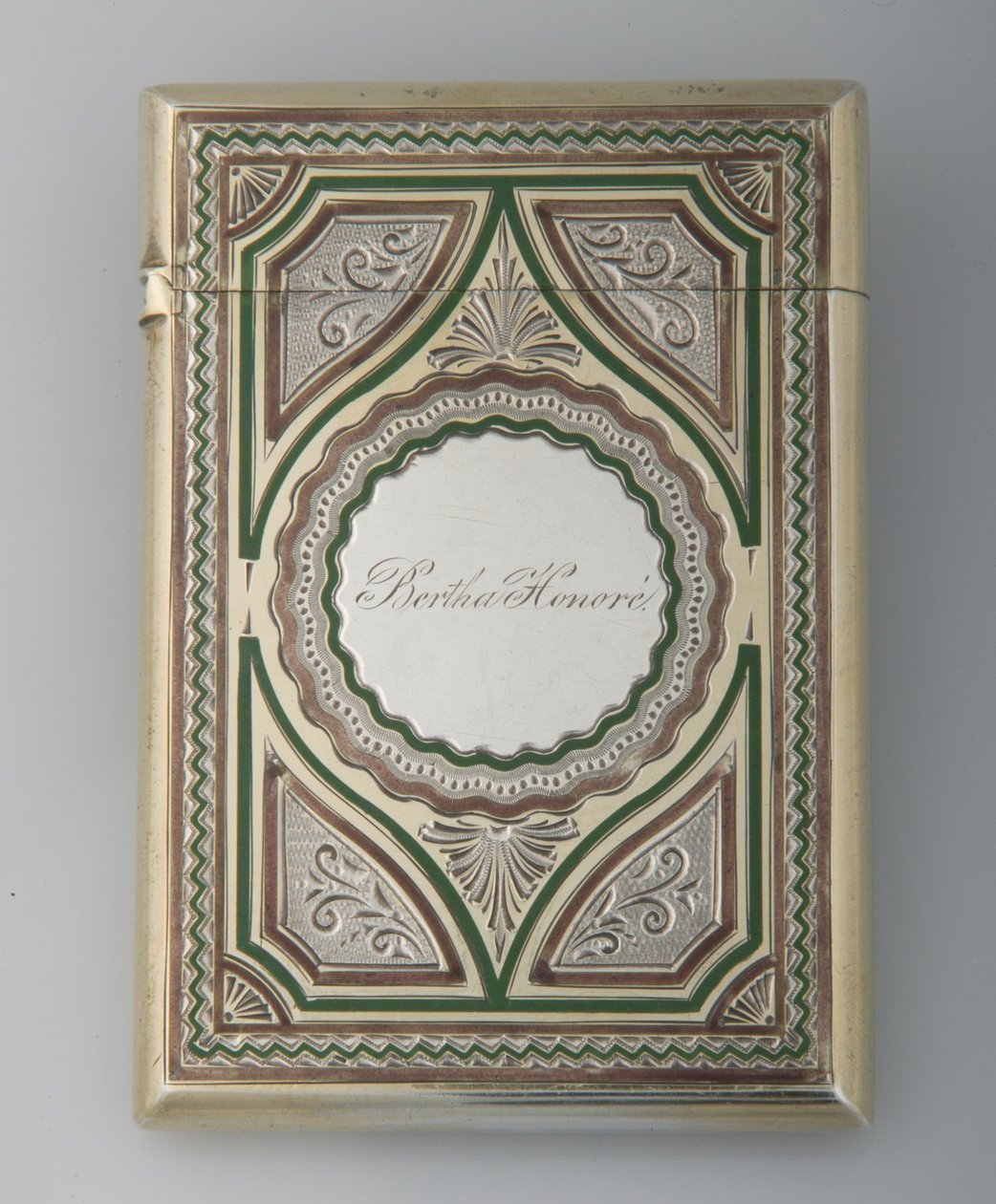 Bertha Palmers kortveske, ca.1865, Sterling sølv, emalje, Maker ukjent av Unknown artist