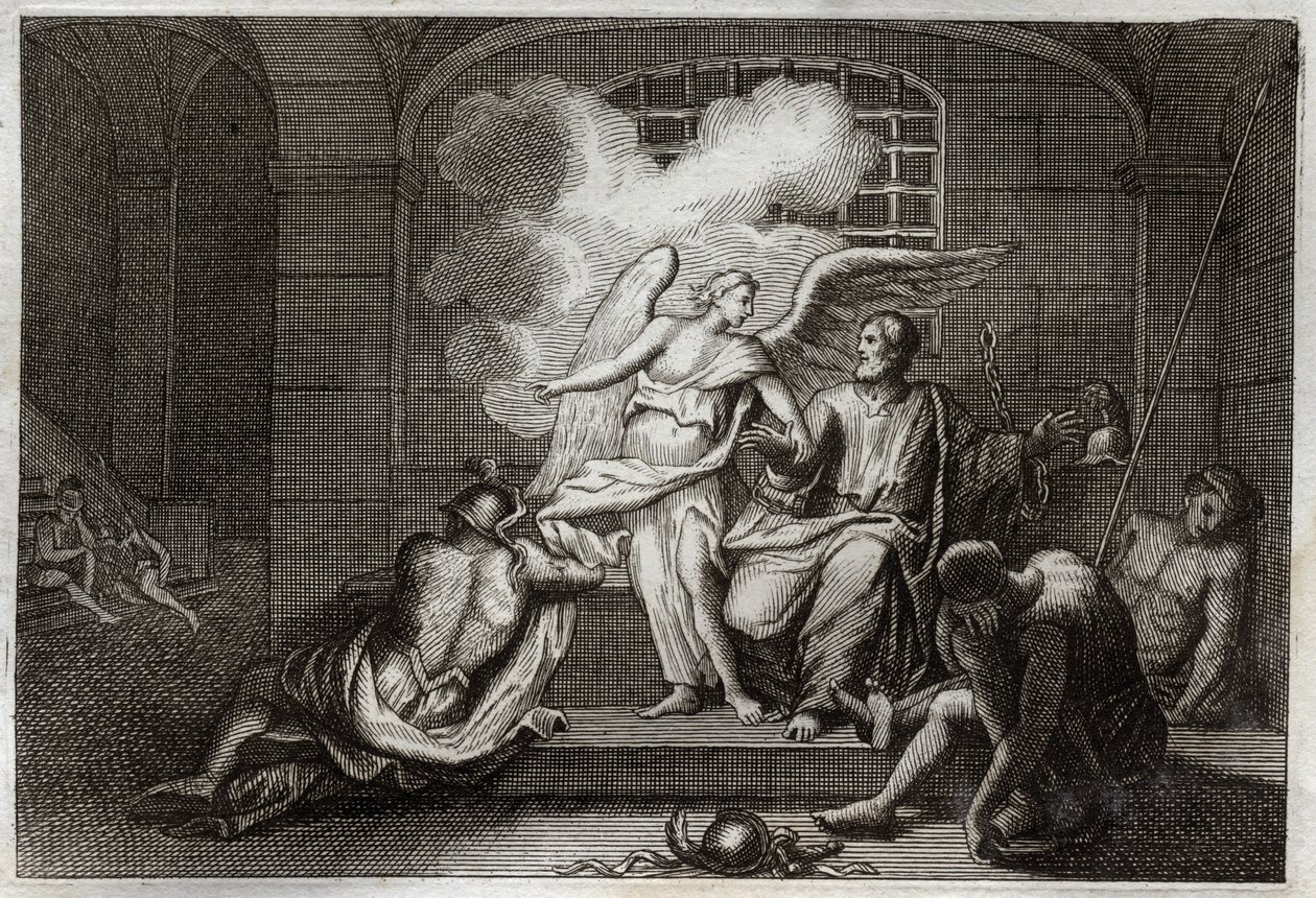 Bibelen til Royaumont, Det nye testamente: Saint Peter Delivre de prison. Sankt Peter blir løslatt fra fengselet om natten av en engel. Illustrasjon fra 1811. av Unknown artist