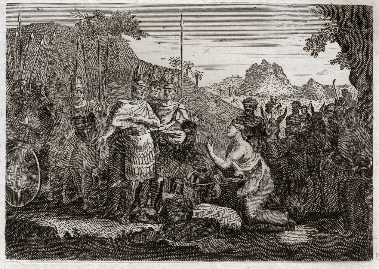 Bibelen til Royaumont, Det gamle testamente: Abigail. Abigail, Nabals kone, lindrer Davids sinne med sin visdom. Illustrasjon fra 1811. av Unknown artist