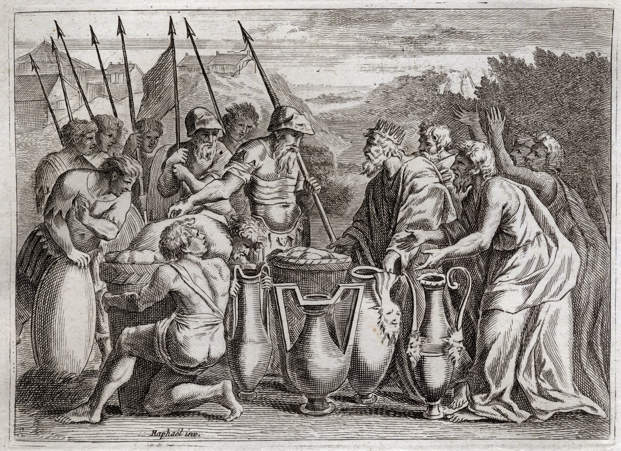 Bibelen til Royaumont, Det gamle testamente: Abraham befrier Loth. Abraham redder Loth sin nevø fra fiendens hender. Ypperstepresten Melkisedek (Melkisedek eller Melkisedek eller Melkisedek eller Melkisedek eller Melkisedek) benit. Kongen av Sodoma tilbød  av Unknown artist