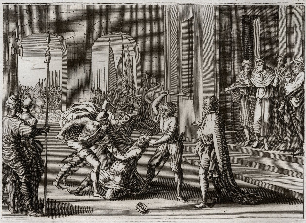 Bibelen til Royaumont, Det gamle testamente: Agag redder. Saul reddet, mot Guds befaling, Agag-kongen av amalekittene. Gud får ham til å vitne om hans sinne ved Samuel, som reparerte Sauls feil ved å drepe Agag. Illustrasjon fra 1811. av Unknown artist