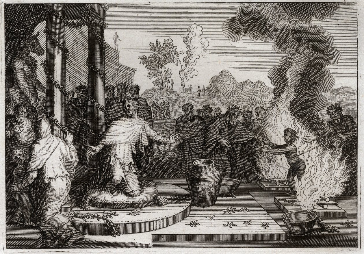 Bible of Royaumont, Old Testament: Ahaz Unholy King. The wicked Ahaz, King of Judah, irritates God, and is delivered to the enemies. Illustration from 1811. av Unknown artist