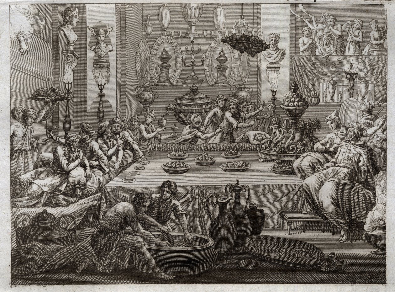 Bibelen til Royaumont, Det gamle testamente: Balthazar fordømmer. Kong Balthazar (Belshatsar) ved bordet ser en hånd som i tre ord skriver slutten av setningen hans. Illustrasjon fra 1811. av Unknown artist