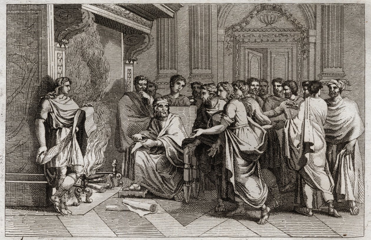 Bibelen til Royaumont, Det gamle testamente: Baruk profet. Kong Joachim (Joakim, Joachin, Jechonias) kutter bokrullen som inneholder Jeremias profetier transkribert av hans disippel Baruch (Baruch ben Neria) og kaster den i en ild. Illustrasjon fra 1811. av Unknown artist