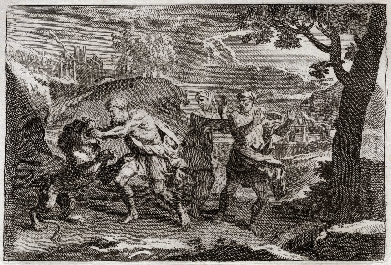 Bibelen til Royaumont, Det gamle testamente: Samsons fødsel. Samson river en løve i stykker. Illustrasjon fra 1811. av Unknown artist