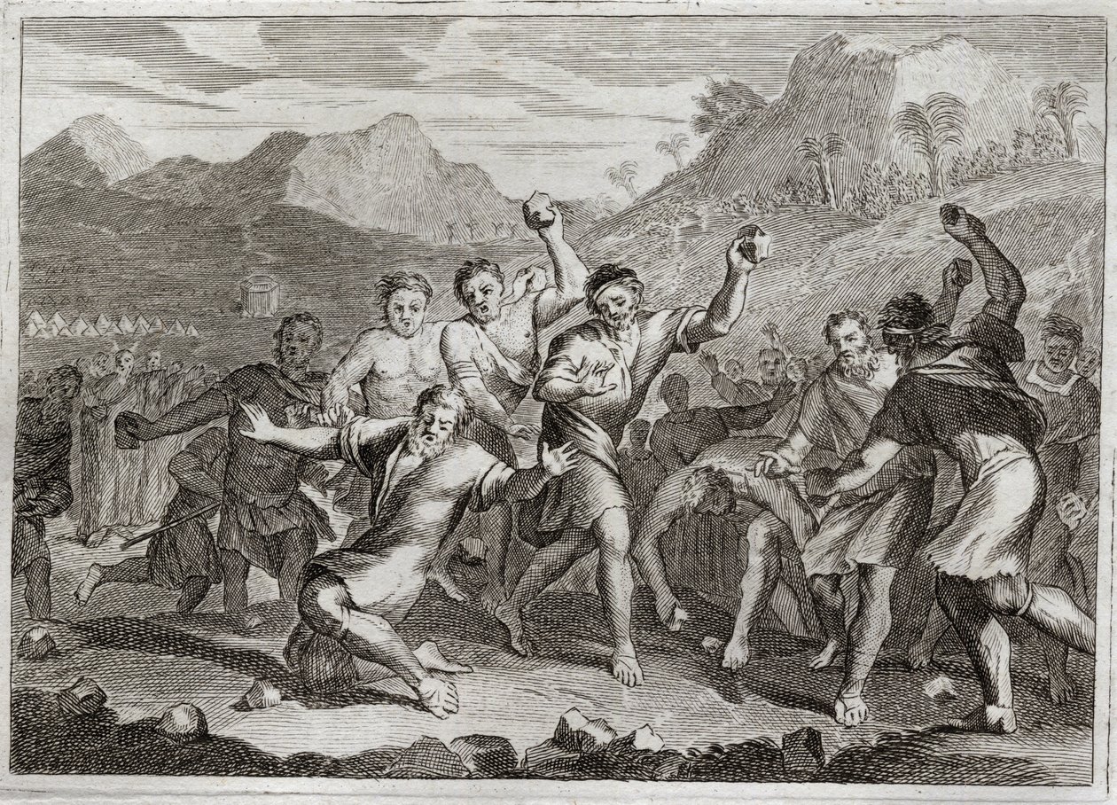 Bible of Royaumont, Old Testament: Blasphemator Lapide. God makes stone a blasphemer of his holy name, and another who violated the holy Shabbat (Shabbat, Sabbath, Sabbath, Sabbath, Sabath), gathering some straws in the field. Illustration from 1811. av Unknown artist