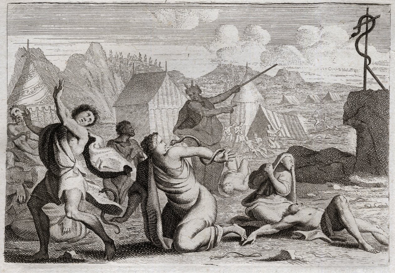 Bibelen til Royaumont, Det gamle testamente: Brasen Snake. Folket som knurrer mot Gud og mot Moses, blir straffet med ildslanger; hvorfra de ble såret av en kobberslange, som Moses hadde reist for å bli sett fra hele folket. Illustrasjon av Unknown artist