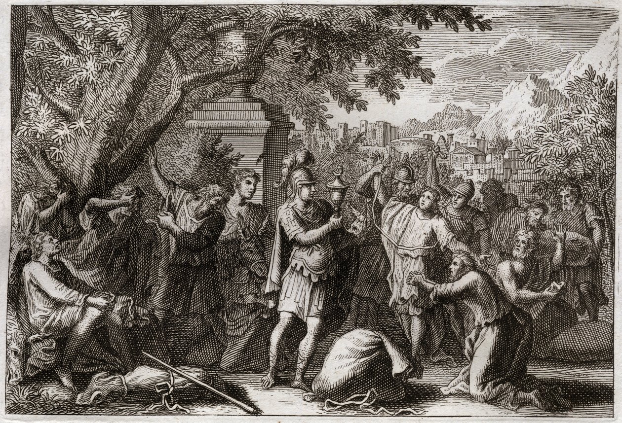 Bibelen til Royaumont, Det gamle testamente: Josephs brødre. Josef får brødrene sine i fengsel. Illustrasjon fra 1811. av Unknown artist