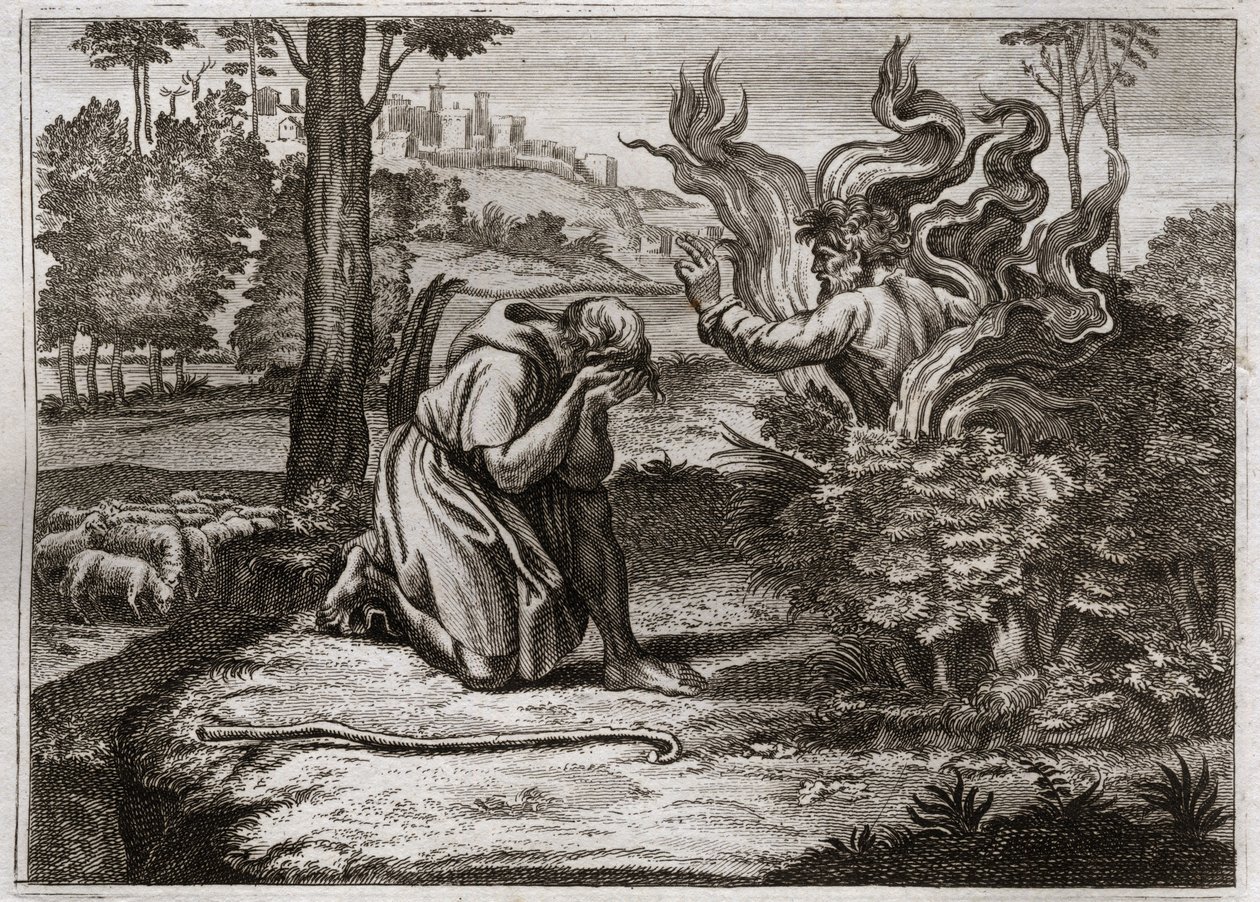Bibelen til Royaumont, Det gamle testamente: Brennende busk. Gud taler til Moses midt i en brennende busk. Illustrasjon fra 1811. av Unknown artist