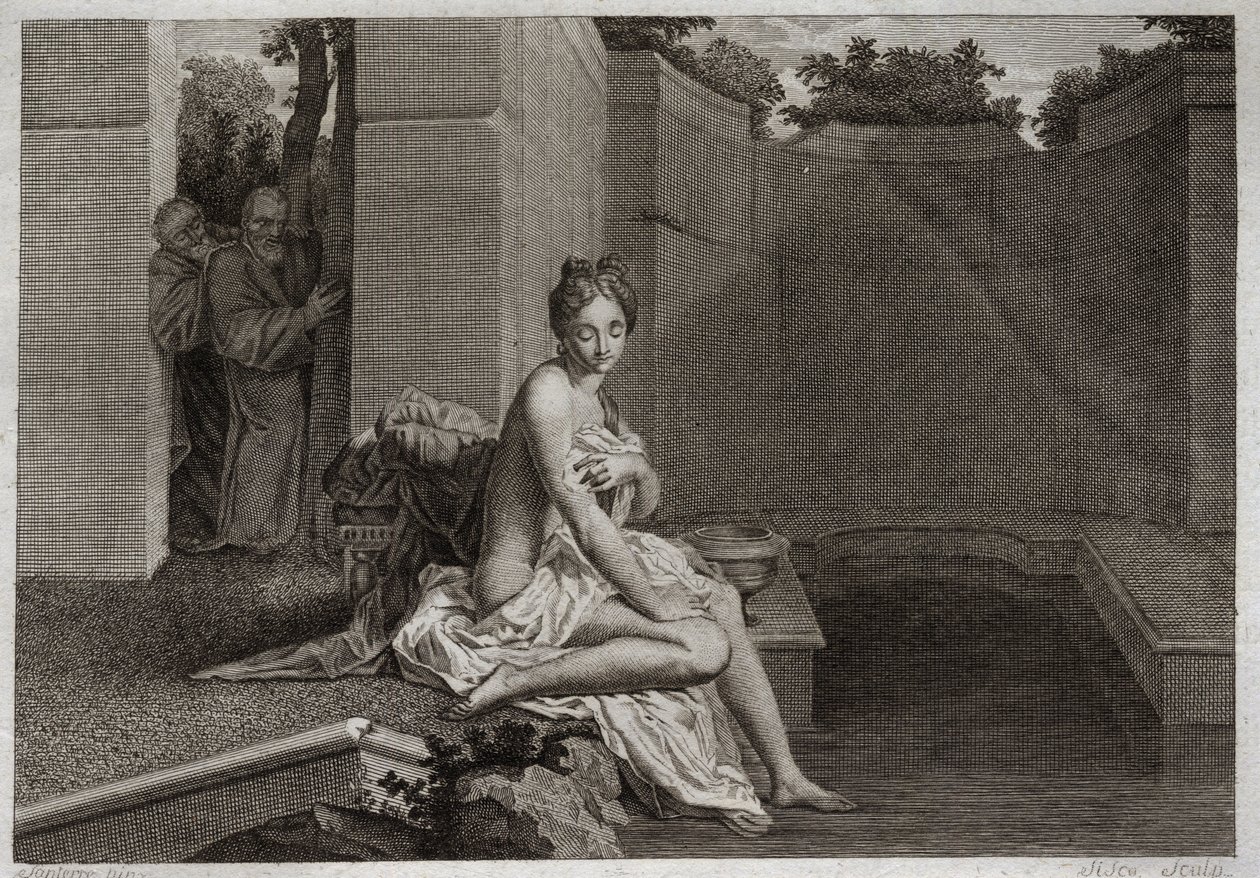 Bibelen til Royaumont, Det gamle testamente: Kyskhet av Suzanne. To eldste, Judges of the People, flekker for å korrumpere Chastete Suzanne, mens hun var alene i hagen sin og tok et bad. Illustrasjon fra 1811. av Unknown artist
