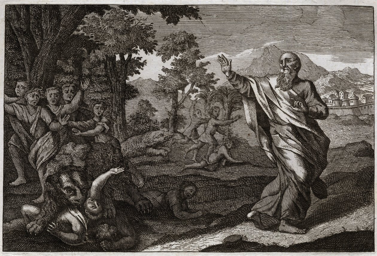 Bibelen til Royaumont, Det gamle testamente: Barn spiser bjørner. Barn som gjør narr av Elisas skallethet, blir revet av bjørn. Illustrasjon fra 1811. av Unknown artist