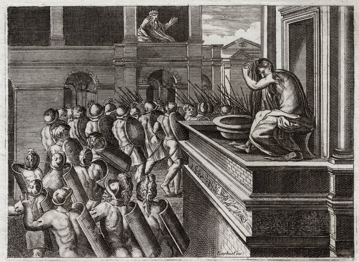 Bibelen til Royaumont, Det gamle testamente: Davids eller Betsabees forbrytelse i badet. David så Betsabee langveis fra, kona til hetitten Uria (eller hetitten Uria) bade, og fikk et dårlig ønske om henne, og drepte deretter mannen hennes Uria. Illustrasjo av Unknown artist