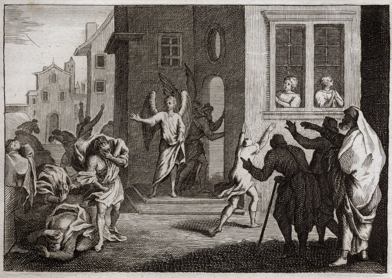 Bibelen til Royaumont, Det gamle testamente: Sodomittenes forbrytelser. Loth tar imot engler i huset sitt. Sodomittene (Sodoma) ønsker å utøve vold mot dem. Englene slår dem blindt. Illustrasjon fra 1811. av Unknown artist