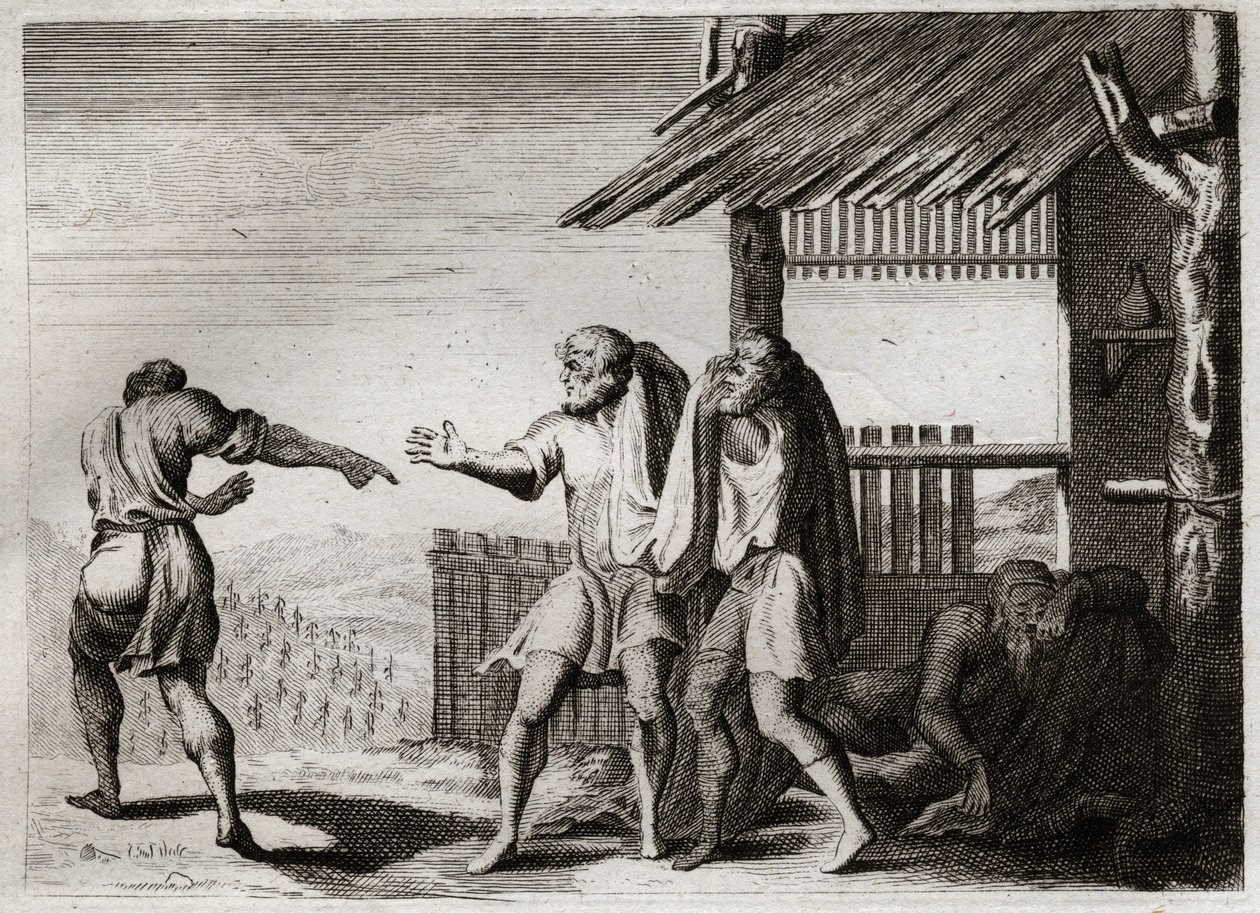 Bibelen til Royaumont, Det gamle testamente: Forbannet Cham av sin far (Noe drukkenskap). Cham, den andre av Noes barn, ser faren sin i en uanstendig holdning, bryr seg ikke, og blir forbannet på ham. Illustrasjon fra 1811. av Unknown artist