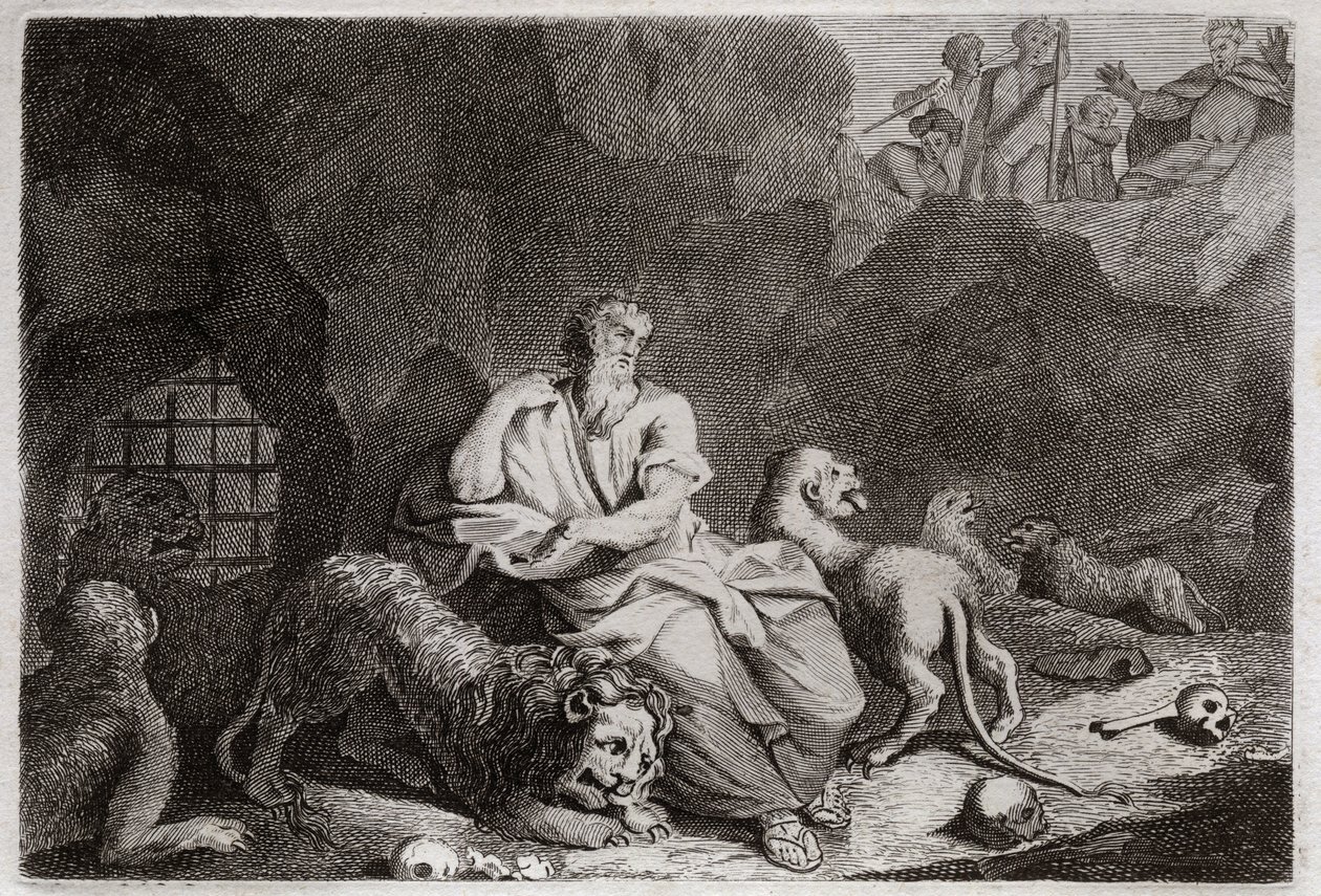 Bibelen til Royaumont, Det gamle testamente: Daniel i løvens gropen. Daniel blir satt i Lions-gropen, og er mirakuløst full. Illustrasjon fra 1811. av Unknown artist