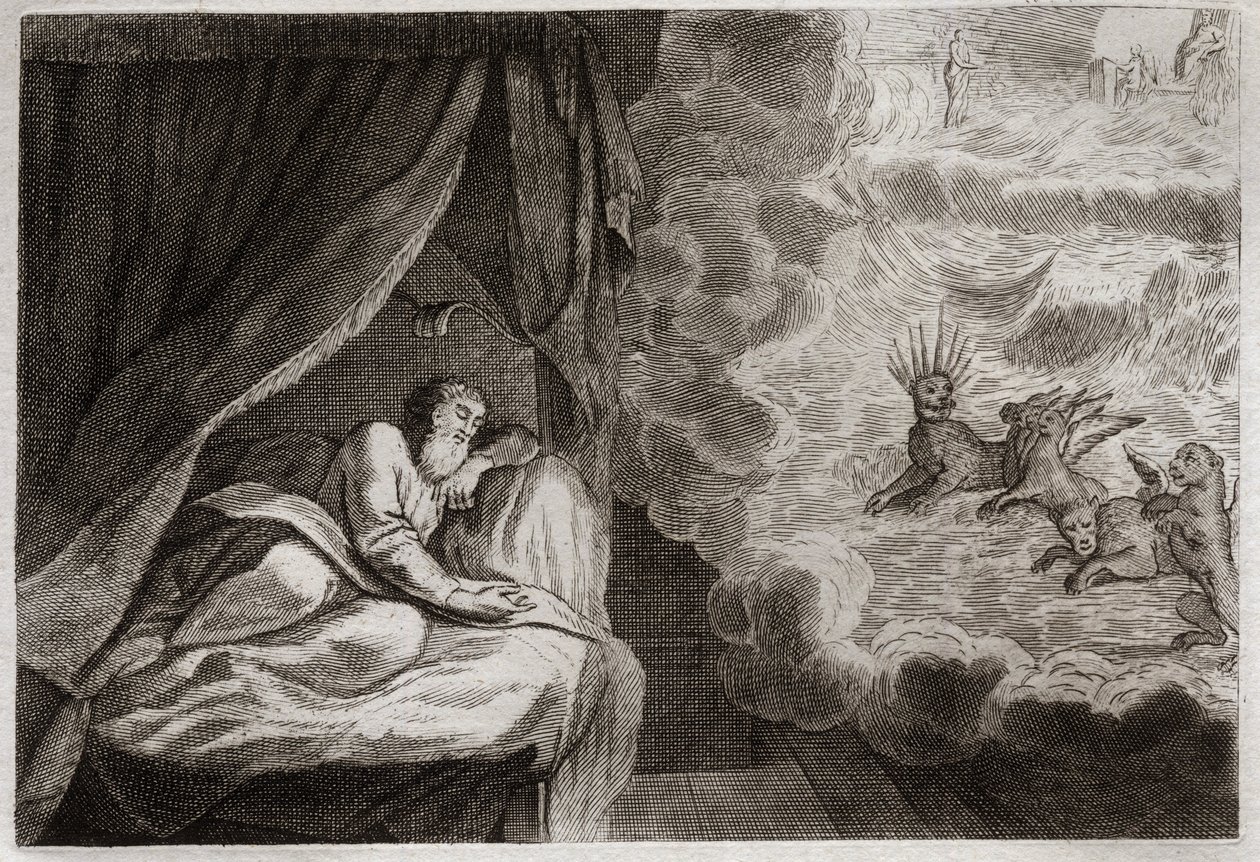 Bibelen til Royaumont, Det gamle testamente: Daniels visjon om de fire monarkiene assyrere, persere, grekere og romere. De ser fire monstre: Haniel, Kafziel, Azriel, Aniel. Illustrasjon fra 1811. av Unknown artist