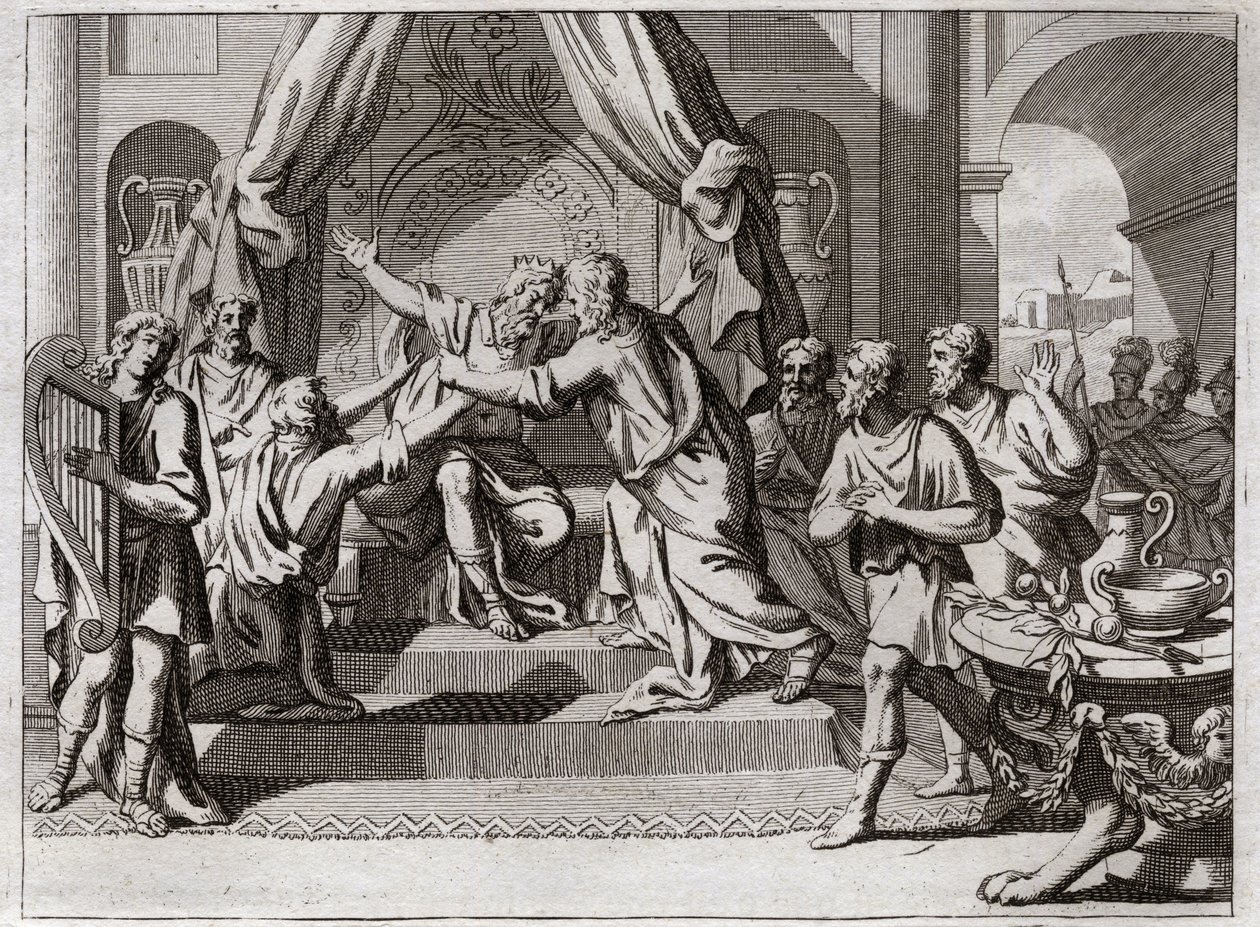 Bibelen til Royaumont, Det gamle testamente: David spiller på harpe. Saul blir avvist fra Gud, blir grepet av den onde ånden. Vi ser etter en mann som vet hvordan han skal spille harpe, for å avlaste ham i hans ondskap. Illustrasjon fra 1811. av Unknown artist
