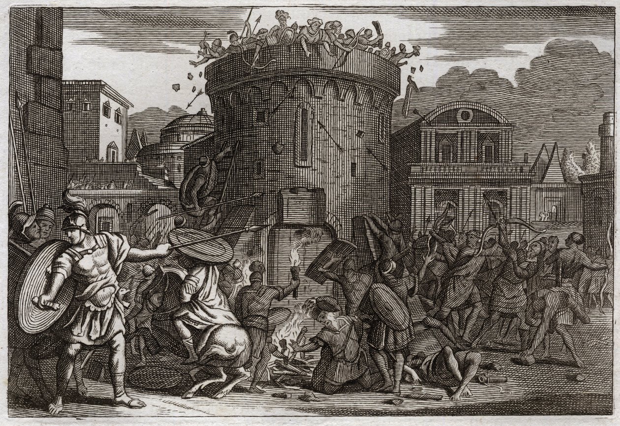Bibelen til Royaumont, Det gamle testamente: Abimeleks død. Abimelek (Abimelec eller Ahimelek eller Ahimelek) blir drept av en kvinne som styrter ham med en stein ved beleiringen av Tebetz. Illustrasjon fra 1811. av Unknown artist