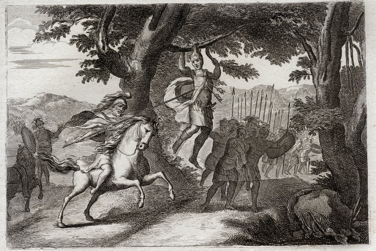 Bibelen til Royaumont, Det gamle testamente: Absaloms død. Absalom (eller Avshalom, Absalom) som flykter fra kamp blir fanget av håret har en eik, eller Joab gjennomborer ham hjertet til tre darter. Illustrasjon fra 1811. av Unknown artist