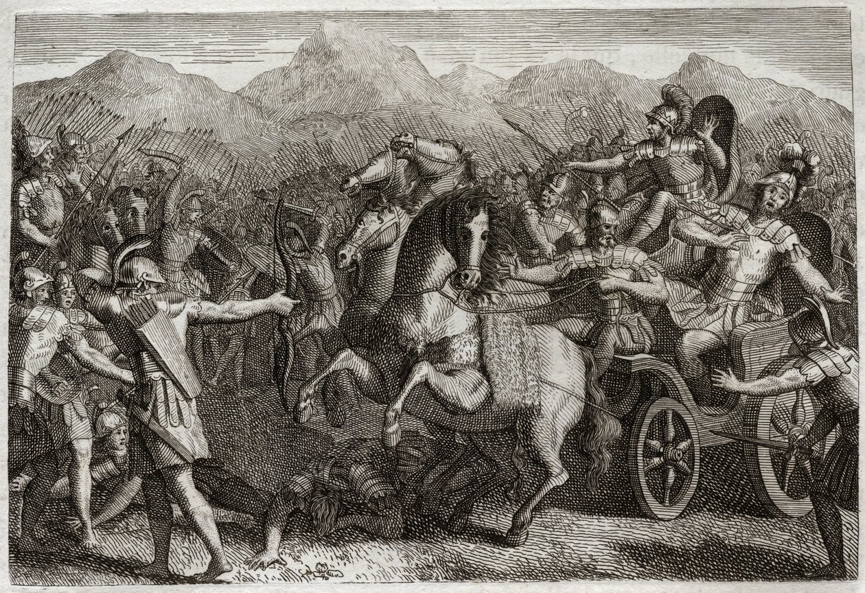 Bible of Royaumont, Old Testament: Death of Ahab. Ahab (Akhab) waged war against Syria, and was killed with a random arrow. Illustration from 1811. av Unknown artist