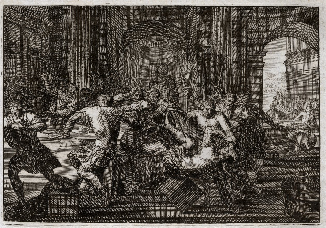 Bibelen til Royaumont, Det gamle testamente: Amnons død. Når Absalom (eller Avshalom, Absalon) blir forsonet med David, får broren hans Amnon (Ammon) til å flykte til en fest. David blir tvunget til å flykte fra Jerusalem, og lider denne forfølgelsen med e av Unknown artist