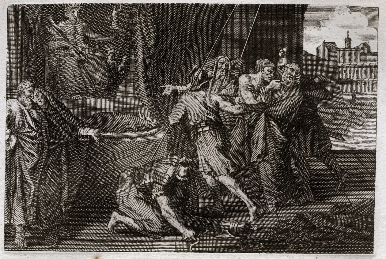 Bible of Royaumont, Old Testament: Death of Eleazar. The old saint Eleazar was killed by order of Antiochos IV Epiphane (175-164 BC), because he did not want to pretend to eat defended meats. Illustration from 1811. av Unknown artist