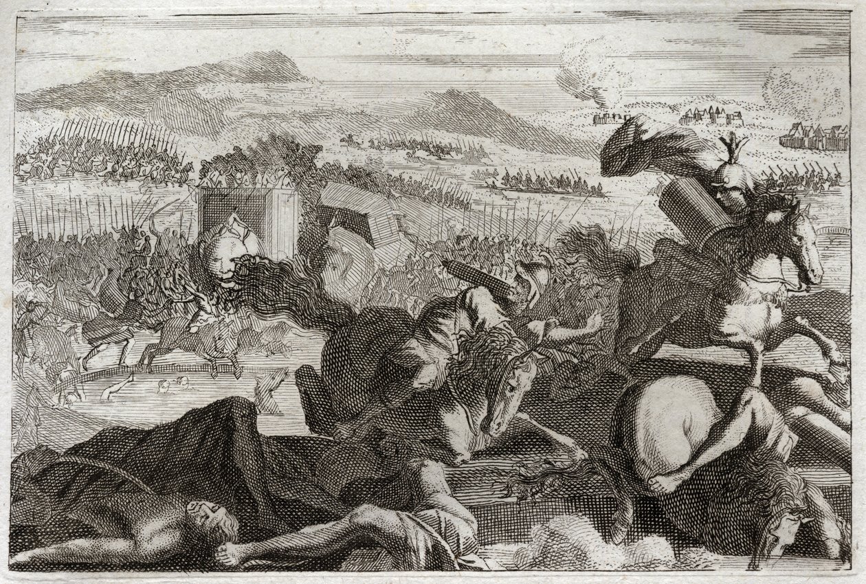 Bibelen til Royaumont, Det gamle testamente: Judas død. Nederlag til Demetrios I Soter og Nicanor. Judas Machabee (Maccabee, Macabee) døde i kamp. Illustrasjon fra 1811. av Unknown artist