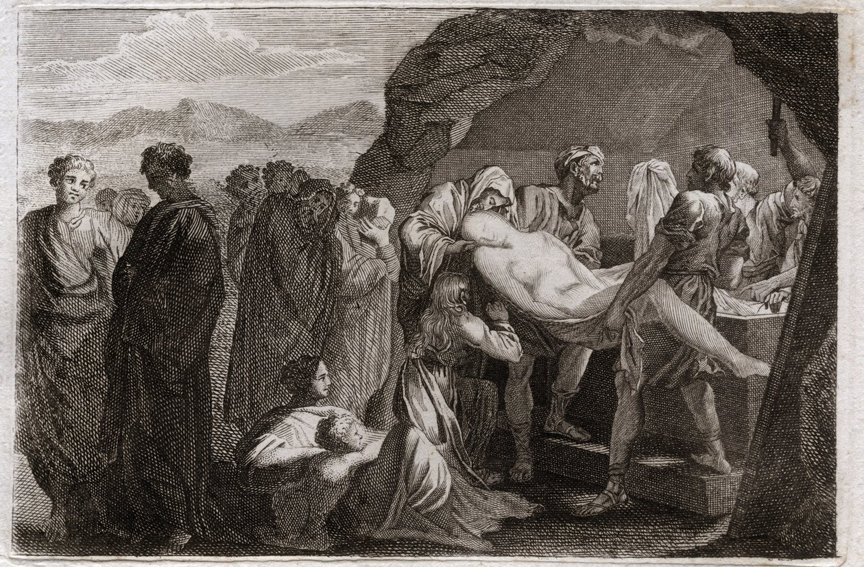 Bibelen til Royaumont, Det gamle testamente: Saras død. Sara (Sarah) dør. Abraham for å begrave ham kjøpte en grav fra byen Get. Illustrasjon fra 1811. av Unknown artist