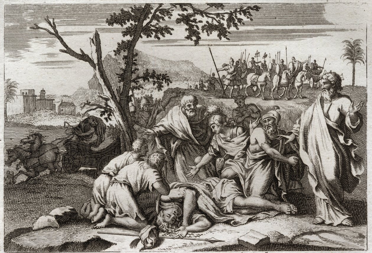 Bible of Royaumont, Old Testament: Death of the wicked Antiochus. The appalling death of King Antiochus IV Epiphane (175-164 BC) after a horse fall. Illustration from 1811. av Unknown artist
