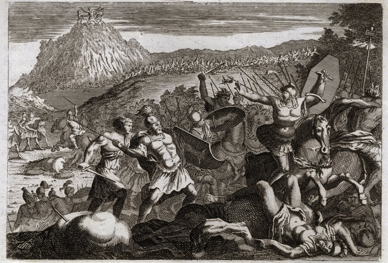 Bible of Royaumont, Old Testament: Defeat of Amalec (Amalek). Moses obtained victory over the Amalekites, holding his hands high in heaven. Illustration from 1811. av Unknown artist