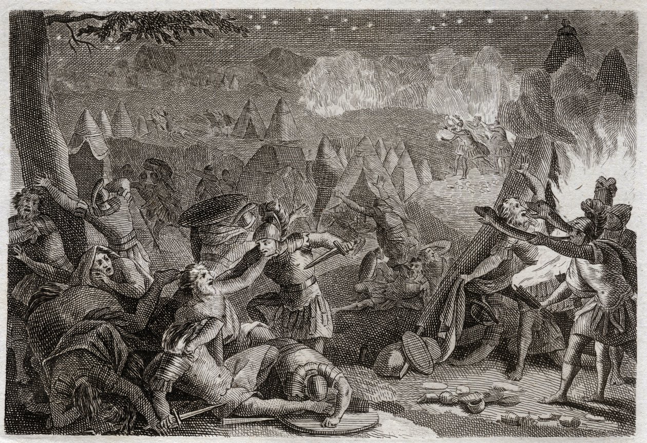 Bible of Royaumont, Old Testament: Defeat of the Midianites by the sound of the trumpets and by the lights of the lamps. Illustration from 1811. av Unknown artist