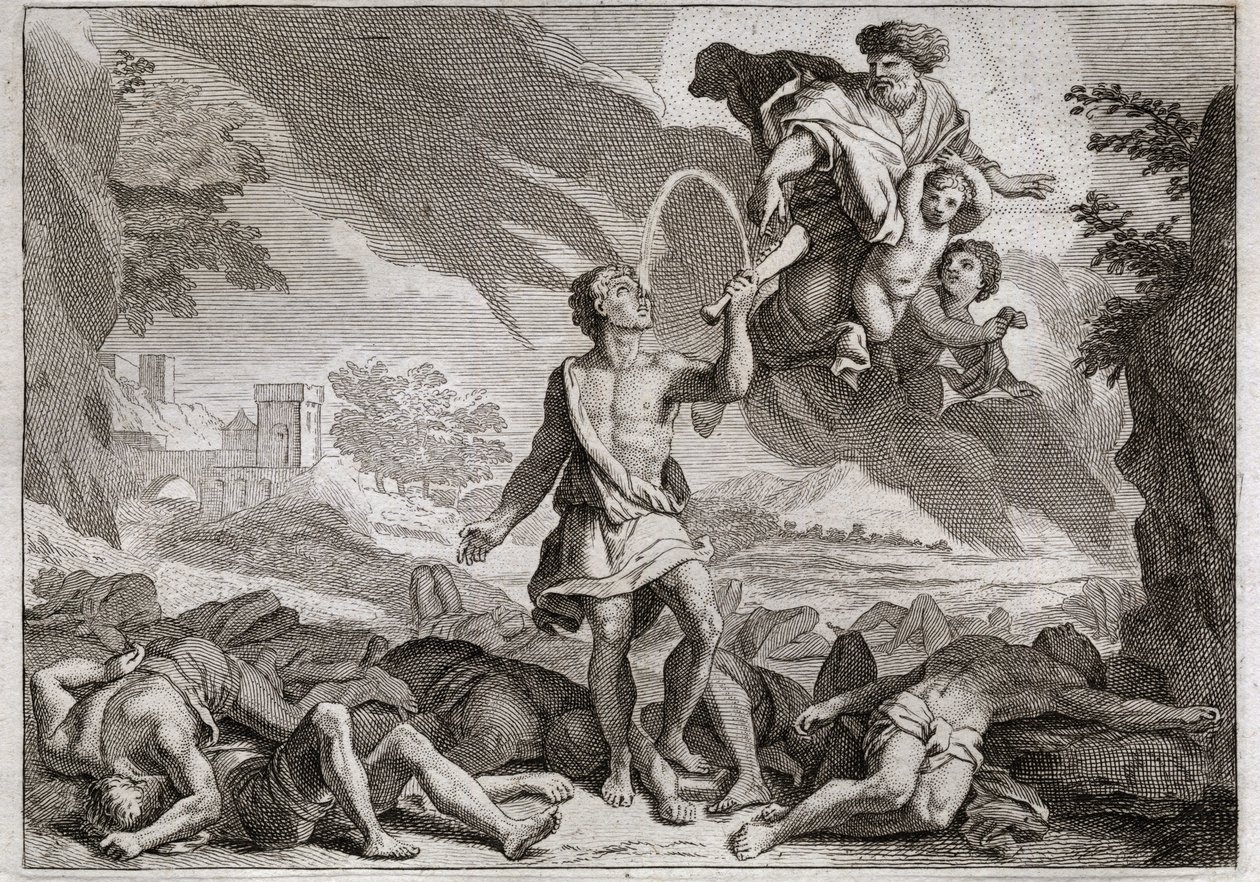 Bibelen til Royaumont, Det gamle testamente: Filistrenes nederlag. Samson dreper tusen filister med en eselkjeve. Gud får vann til å renne ut av kjeven slik at Samson kan slukke tørsten. Illustrasjon fra 1811. av Unknown artist