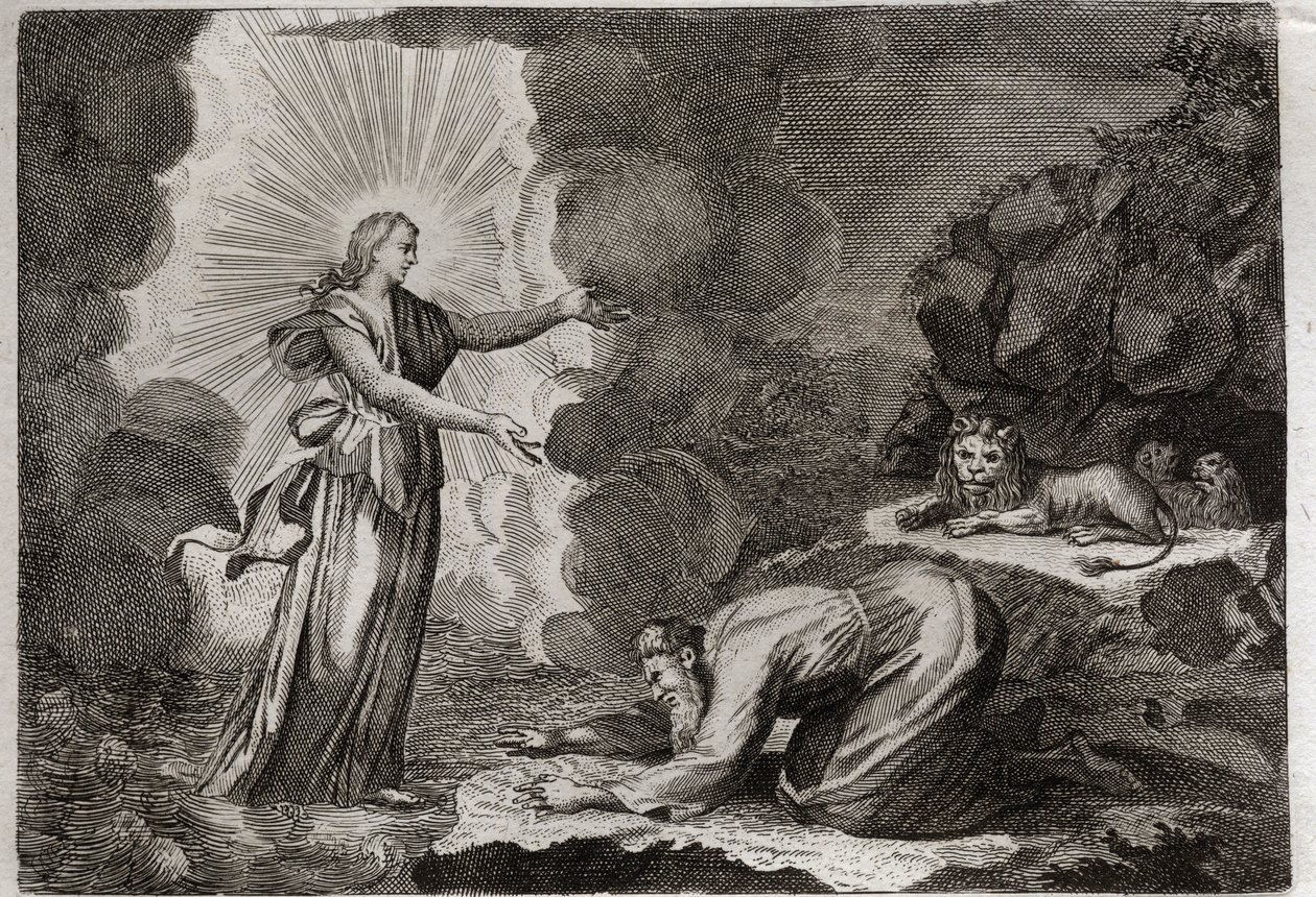 Bibelen til Royaumont, Det gamle testamente: Daniels befrielse. Daniel, i løvehulen, er mirakuløst full. Illustrasjon fra 1811. av Unknown artist
