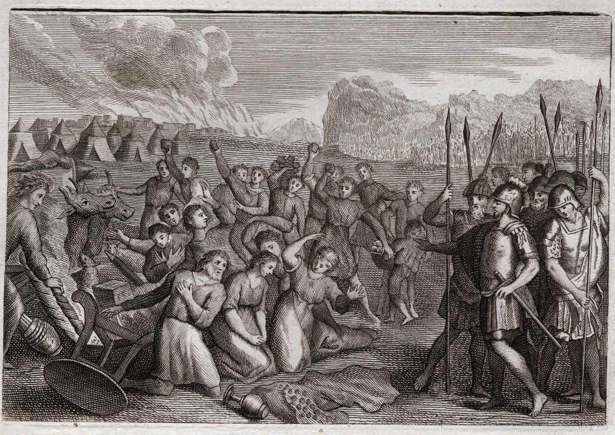 Bible of Royaumont, Old Testament: Destruction of Hai. Joshua, after the ruin of Jericho, attacks the city of Hai (Ai), where he is repelled first because of the crime of Akan (Achan, Achar, Hacan, Hacar), but after the punishment of Achan; he takes the ci av Unknown artist