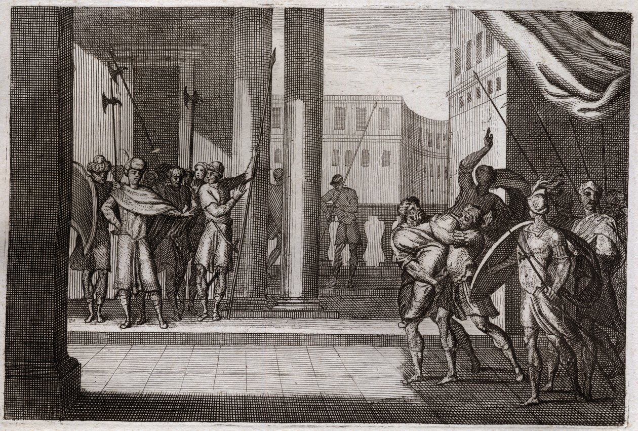 Bibelen til Royaumont, Det gamle testamente: Dinah gikk ut av nysgjerrighet for å se kvinnene i Sikem (eller Sikem), og kongen av den byen hadde gjort ham til vold, brødrene hans tok hevn og drepte alle Sikems folk sammen med kongen. Illustrasjon fra 1811. av Unknown artist
