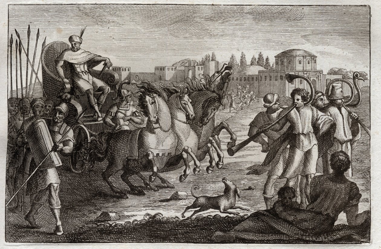 Bible of Royaumont, Old Testament: Elevation of Joseph. Joseph is raised in glory. Illustration from 1811. av Unknown artist