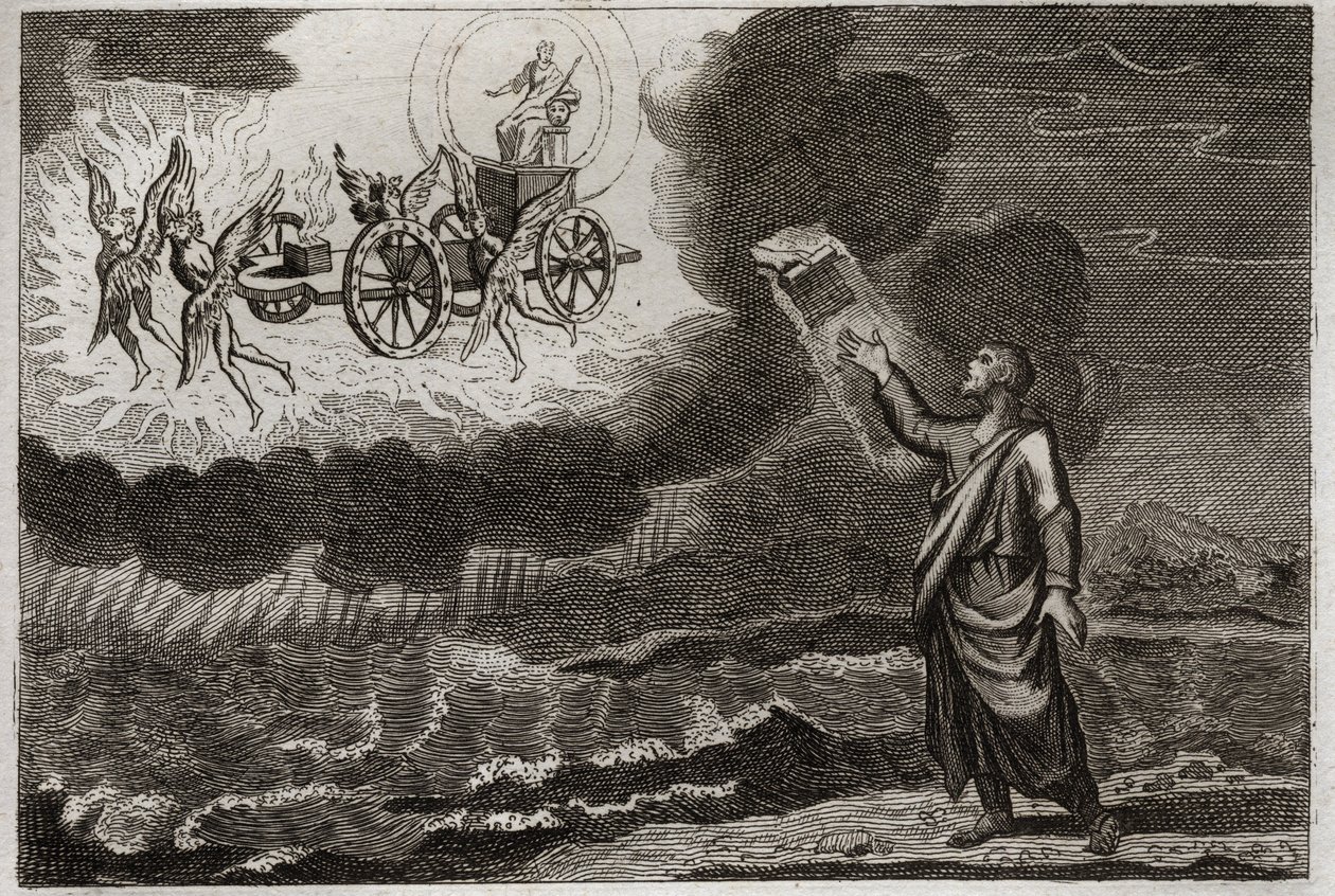 Bibelen til Royaumont, Det gamle testamente: Esekiel profet. Den hellige profet hadde et syn der Herren viste seg for ham på en vogn, båret av fire kjerubiner (tetramorf). Illustrasjon fra 1811. av Unknown artist