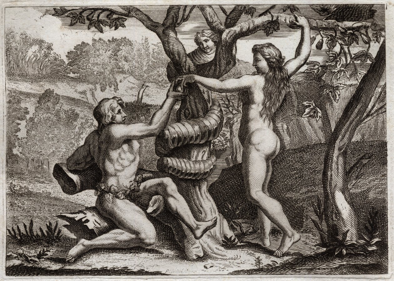 Bibelen til Royaumont, Det gamle testamente: Adams fall. Demonen under ansiktet til en slange snakker til Eva, og teltet for å spise forbudt frukt: Eva faller og får også Adam til å falle. Illustrasjon fra 1811. av Unknown artist