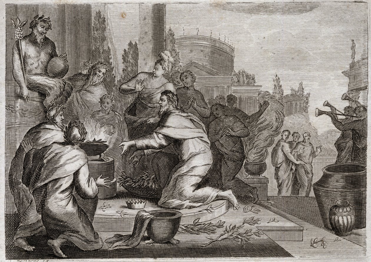 Bibelen til Royaumont, Det gamle testamente: Salomos fall. Salomo er korrumpert av kvinner, og ofrer røkelse til avgudene til de falske gudene. Hans død. Illustrasjon fra 1811. av Unknown artist
