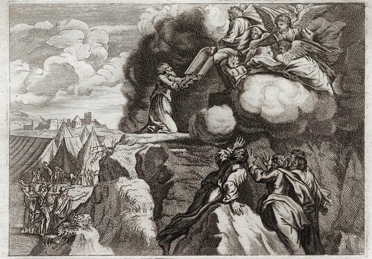 Bibelen til Royaumont, Det gamle testamente: Lovens første tabeller. Gud gir loven til sitt folk på Sinai-fjellet. Moses mottar de 10 bud fra Guds hender. Illustrasjon fra 1811. av Unknown artist