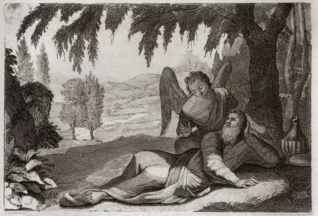 Bibelen til Royaumont, Det gamle testamente: Elias flukt. Elia som flykter fra Jesabels sinne, som ønsket hevn på ham for døden til hans falske profeter, blir støttet i ørkenen av en engel som bringer ham mat. Illustrasjon fra 1811. av Unknown artist