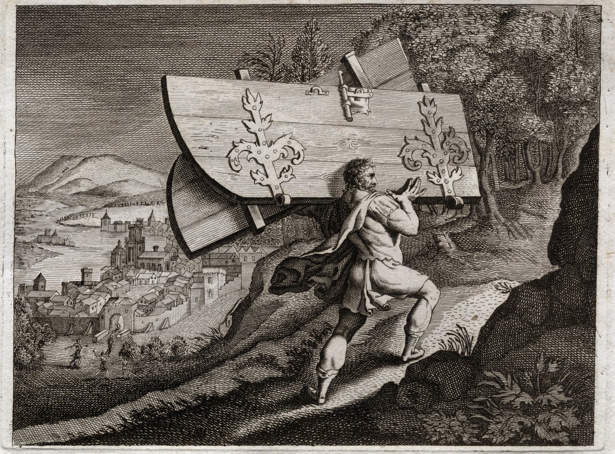 Bible of Royaumont, Old Testament: Gates of Gaza. Samson, lock up in Gaza, rip out the city gates. Illustration from 1811. av Unknown artist